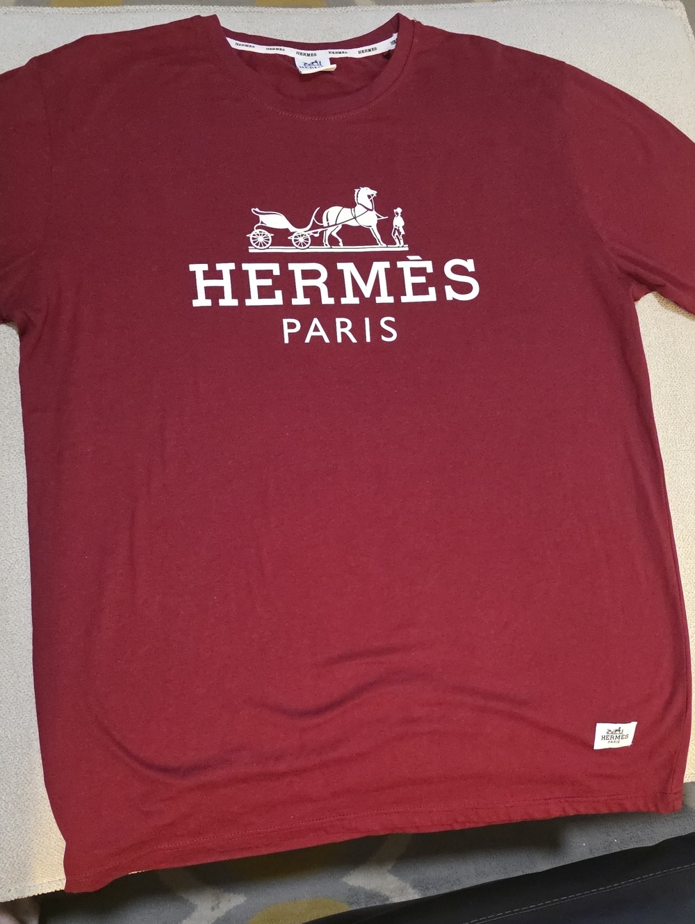 Hermes Men's Crewneck T-Shirt in Burgundy with White Logo